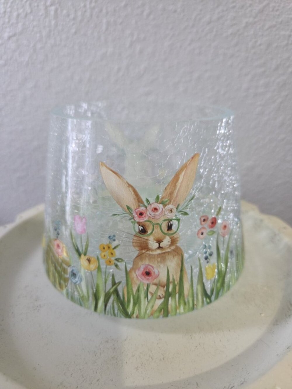 Yankee Candle Clear Crackle Jar Shade J/S Spring BUNNY WITH GLASSES flowers
